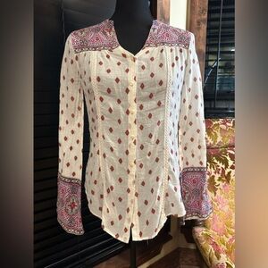 EUC Red Camel Blouse Boho Long Sleeve Multicolor Button Top Ivory XS
